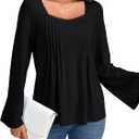Umenlele Women's Pleated Front Sweetheart Neck Long Sleeve Casual Loose Tunic Tops Blouse Pink Small (S)