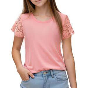 Noomelfish Girls Lace Short Sleeve T-Shirts Kids Summer Cute Tops Blouse(5-12 Years) (Pink, M)