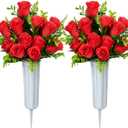 XONOR Artificial Cemetery Flowers, Set of 2 Artificial Rose Bouquet Grave Memorial Flowers with Vase for Cemetery Headstones Decoration (Red)