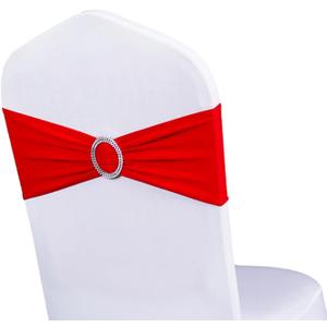 Pack of 50 Spandex Red Chair Sashes for Wedding Chair Bows Ties Stretch Chair Bands with Silver Buckles for Party Birthday Engagement Banquet Christmas Event Decorations (Red)