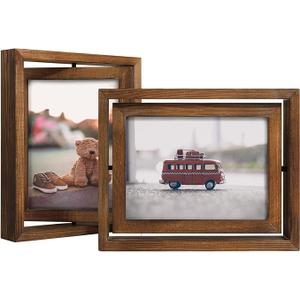 Egofine 2 Pack 6x8 Rotating Floating Picture Frames,DoubleSided Display with HD Glass Front Wooden Distressed Frame for Vertical or Horizontal Tabletop Display, Carbonization