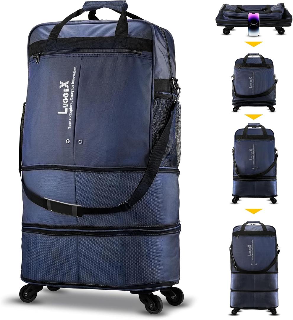 LUGGEX Travel Duffel Bags, Expandable Collapsible Luggage with Spinner Wheels, Lightweight, without Telescopic Handle, Large Capacity Suitcases with Wheel for Men Women (Blue, 55L-113L) (Medium)