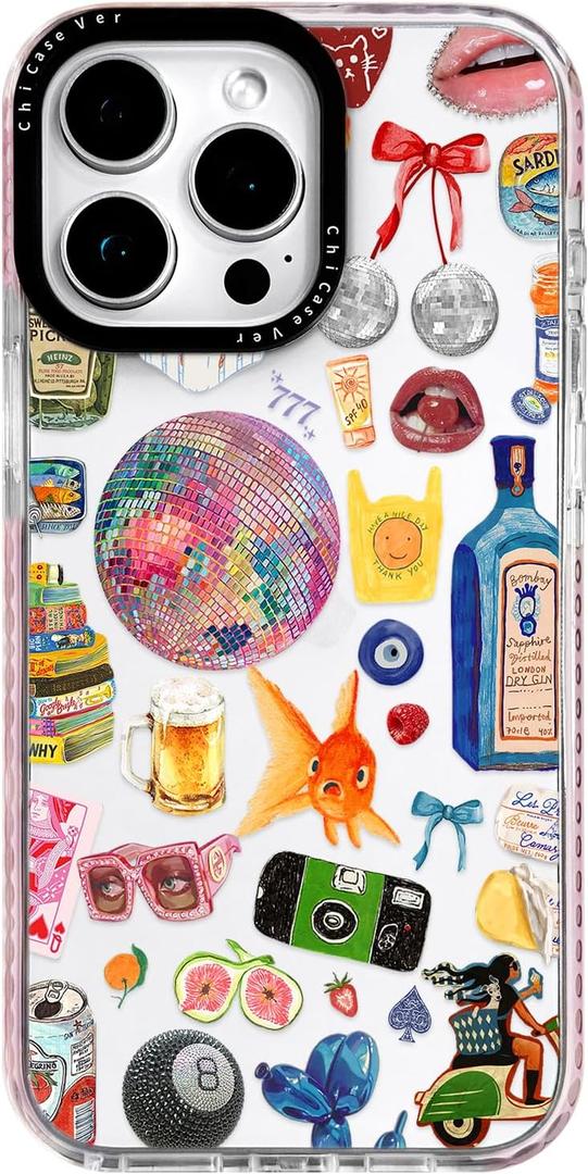 for iPhone 14 Pro Max Case, Retro Party Collage Pattern with Disco & Gin, Military-Grade Drop Protection, Pop Art Disco Soft Slim TPU Protective Cover with Camera Protection for Girls (LightBalls)