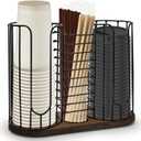 Tanggiteck 3-Compartment 18oz Coffee Cup Dispenser Rack with Wood Base, Disposable Cup, and Lid Organizer for Countertop - Perfect for Paper Cups, Straws, and Kitchen Cabinet Storage