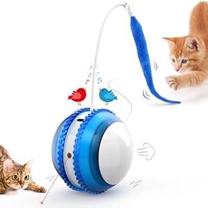 AIPERRO Cat Toys for Indoor Cats, Innovative Interactive Cat Toy Ball with Bird Chirping, USB Rechargeable Automatic Exercise Rolling Cat Toy for Bored Indoor Adult Cats Kittens, Blue/ White