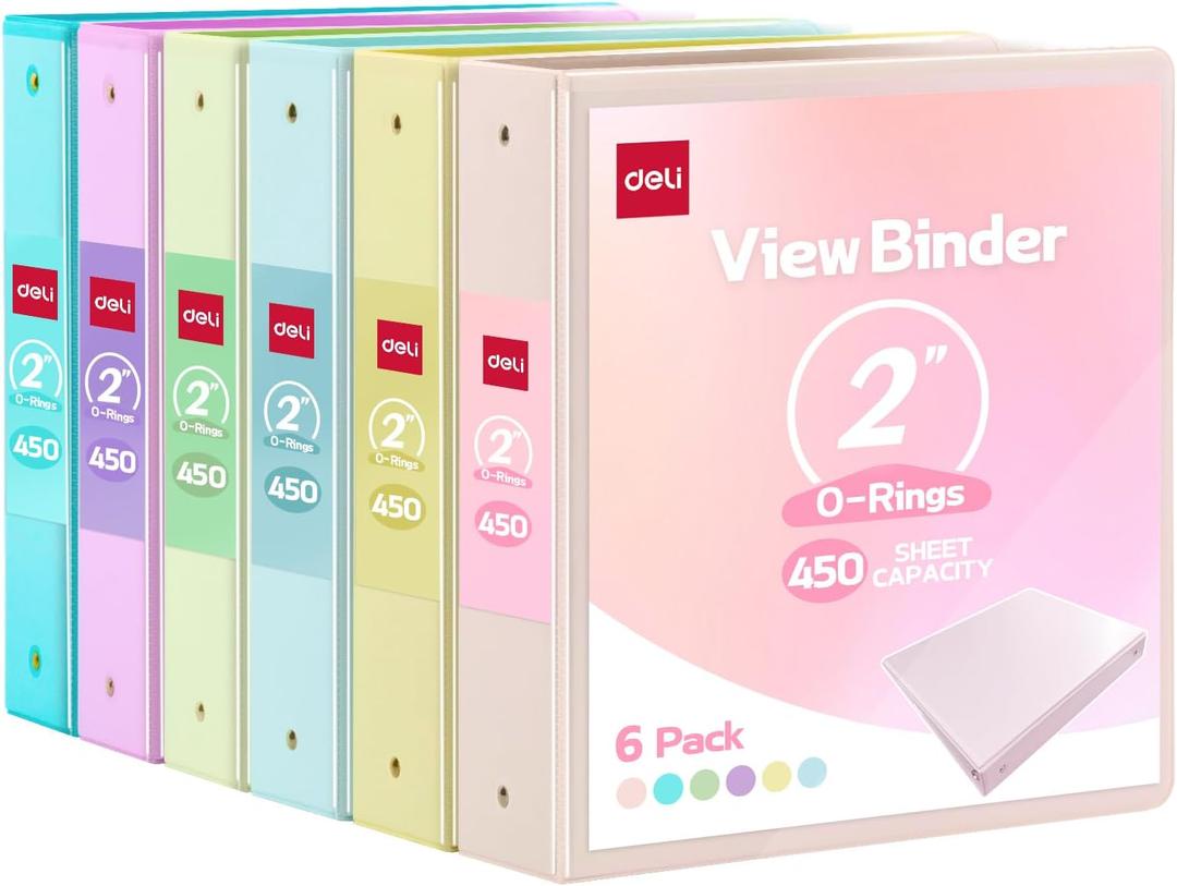 Deli 2-inch 3 Ring Binder with 2 Interior Pockets, 450 Sheets Capacity, 2 inch Binders fits 11" x 8.5" US Letter Size, Assorted 6 Pastel Colors, 6 Pack