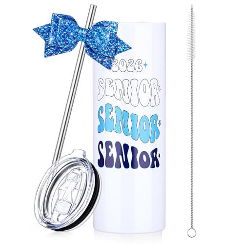Hushee Class of 2026 Senior Night Gift 20 oz Graduation Tumbler Stainless Steel Insulated Travel Mug and Lid with Straws, Bow Senior 2026 Tumbler Graduation Gift for Her Women Team Coach(Blue)