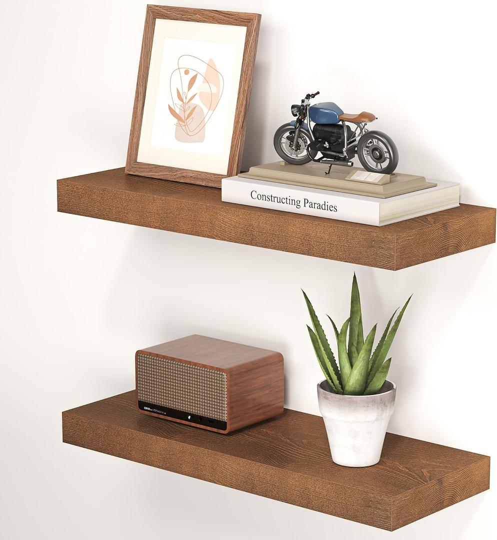 Axeman Natural Wood Floating Shelves for Wall Mounted 24 Inch Rustic Farmhouse Wall Shelves for Bathroom Bedroom Kitchen Living Room Decor Distressed Wooden Shelf|Set of 2, Weathered Walnut