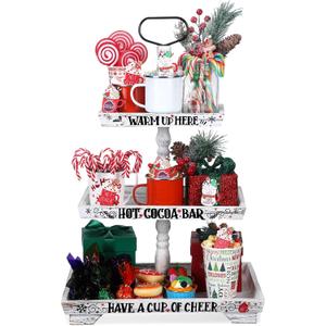 Christmas Hot Chocolate Bar Wood Cocoa Station Decorative Storage Box 3 Tier Chocolate Station Farmhouse Christmas Decorations for Home Office Kitchen Winter Gift (White)