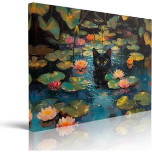 Framed Retro Monet Water Lilies With Funny Black Cat Canvas Prints Wall Art Water Lilies Pictures Paintings Poster Canvas Wall Decor for Living Room Bedroom Wall Decorations Ready to Hang (12''X16'')