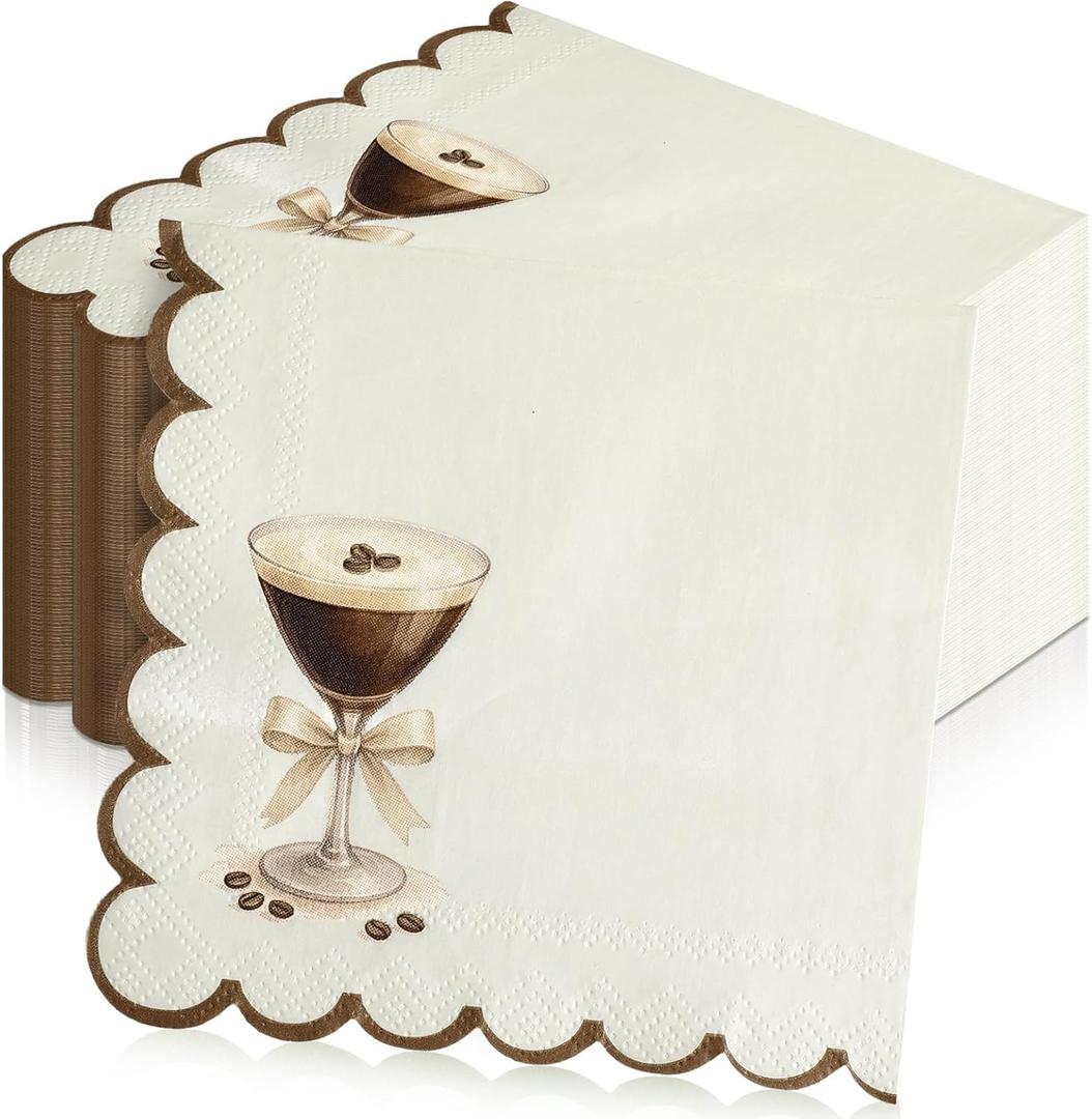 100 Pcs Martini Cocktail Napkins a Tini Bit Older Birthday Decorations Scalloped Disposable Paper Napkins Espresso Martini Party Supplies for Bachelorette Party Decorations(Vintage,Brown)
