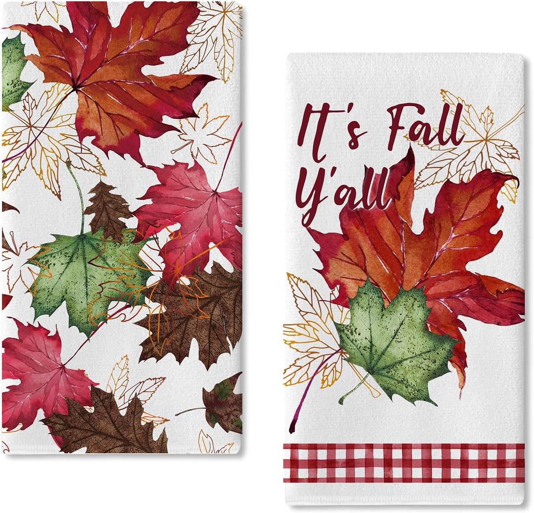 Seliem It's Fall Y'all Maple Leaves Kitchen Dish Towels Set of 2, Autumn Plaid Hand Towels Drying Baking Cooking Cloth, Farmhouse Seasonal Home Kitchen Decor 18 x 26 Inch