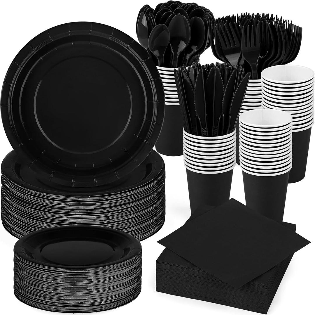 durony 350 Pieces Black Paper Dinnerware Set 7 Inch 9 Inch Disposable Dinner Plates Serve 50 Guests Paper Cup Cutlery Napkins Solid Color Party Supplies for Birthday Wedding Party Family Picnic (Black)