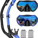 Snorkeling Gear for Adults, Adult Snorkel Mask Set Scuba Diving Dry-Top, Swimming Goggles w/Nose Cover, HD Tempered Glass Panoramic Anti-Leak Anti-Fog, Travel Snorkeling Packages Storage Bag, 2 Pack (Black+Blue)