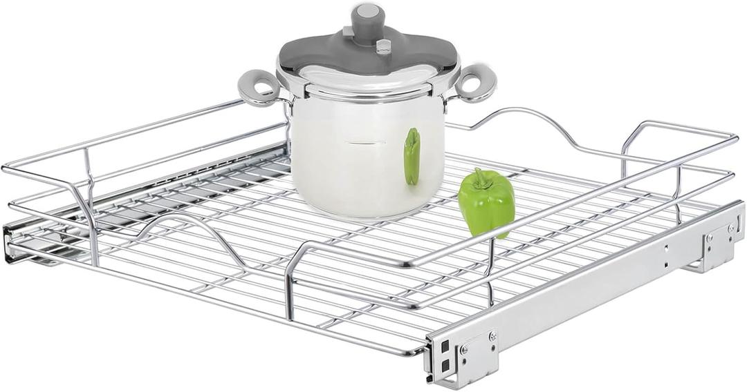 OCG Pull Out Cabinet Organizer (20.75" W x 17" D), Pull Out Shelves 1 Tier, Cabinet Slide Out Shelves for Base Cabinet Organization in Kitchen Bathroom Pantry, Bottom Mount, Chrome Finish