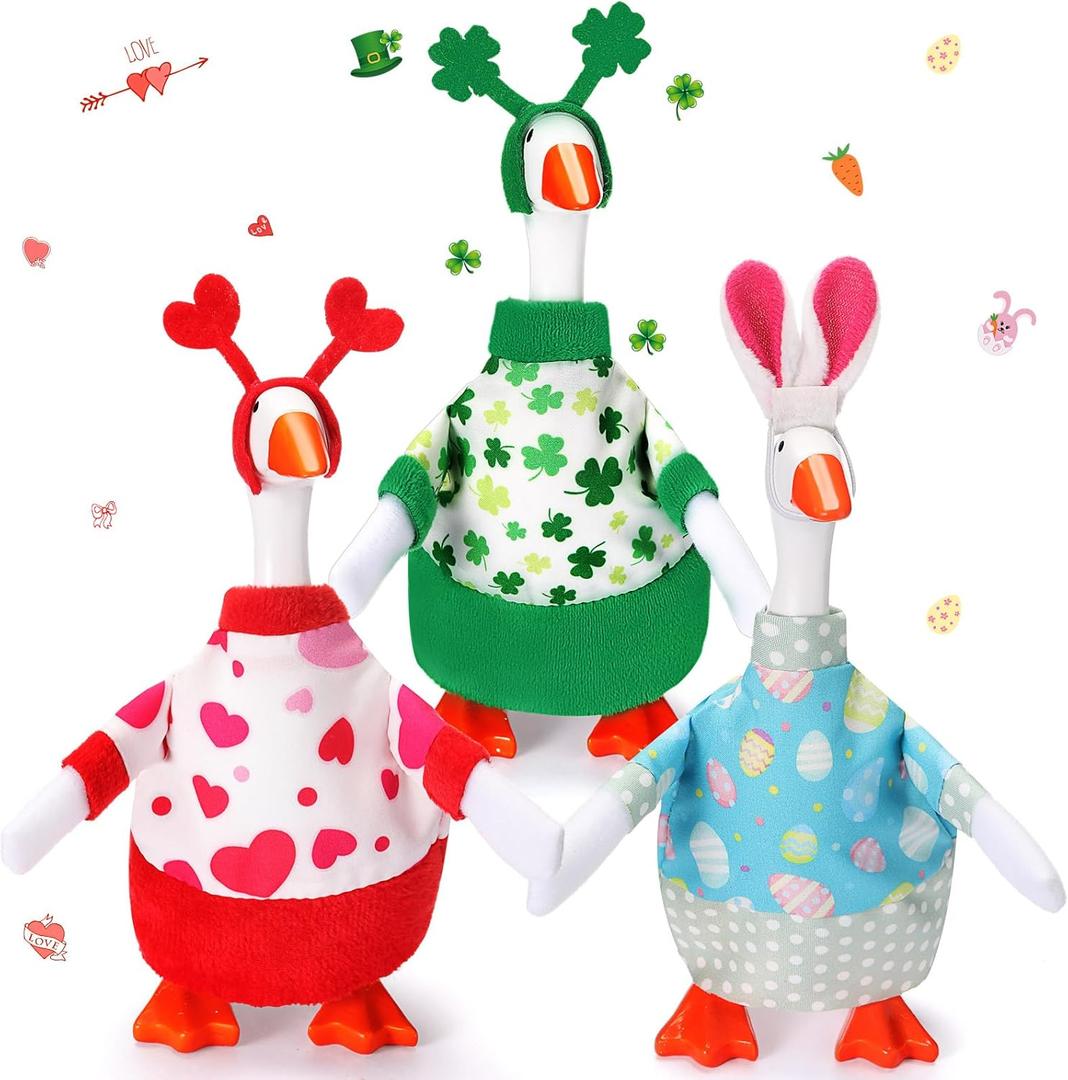 3 Sets Valentine's Day Desk Goose Outfits St. Patrick's Day Easter 7'' Goose Costume with Heart Shamrock Bunny Hat(Classic Style)
