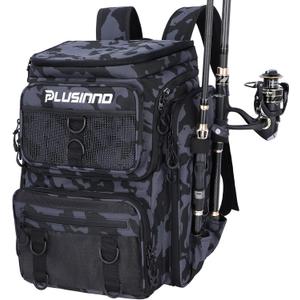PLUSINNO Fishing Backpack with Rod Holders Tackle Box, 42L Large Water-resistant Fishing Tackle Bag Store Fishing Gear (Black Camouflage)