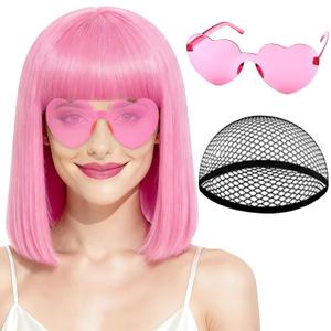 PLULON Pink Bob Wig with Bangs, Short Straight Bob Wig with Heart Sunglasses 12 Inch Shoulder Length Heat Resistant Synthetic Hair Cap for Women Natural Look Daily Use Cosplay Halloween Costume Party