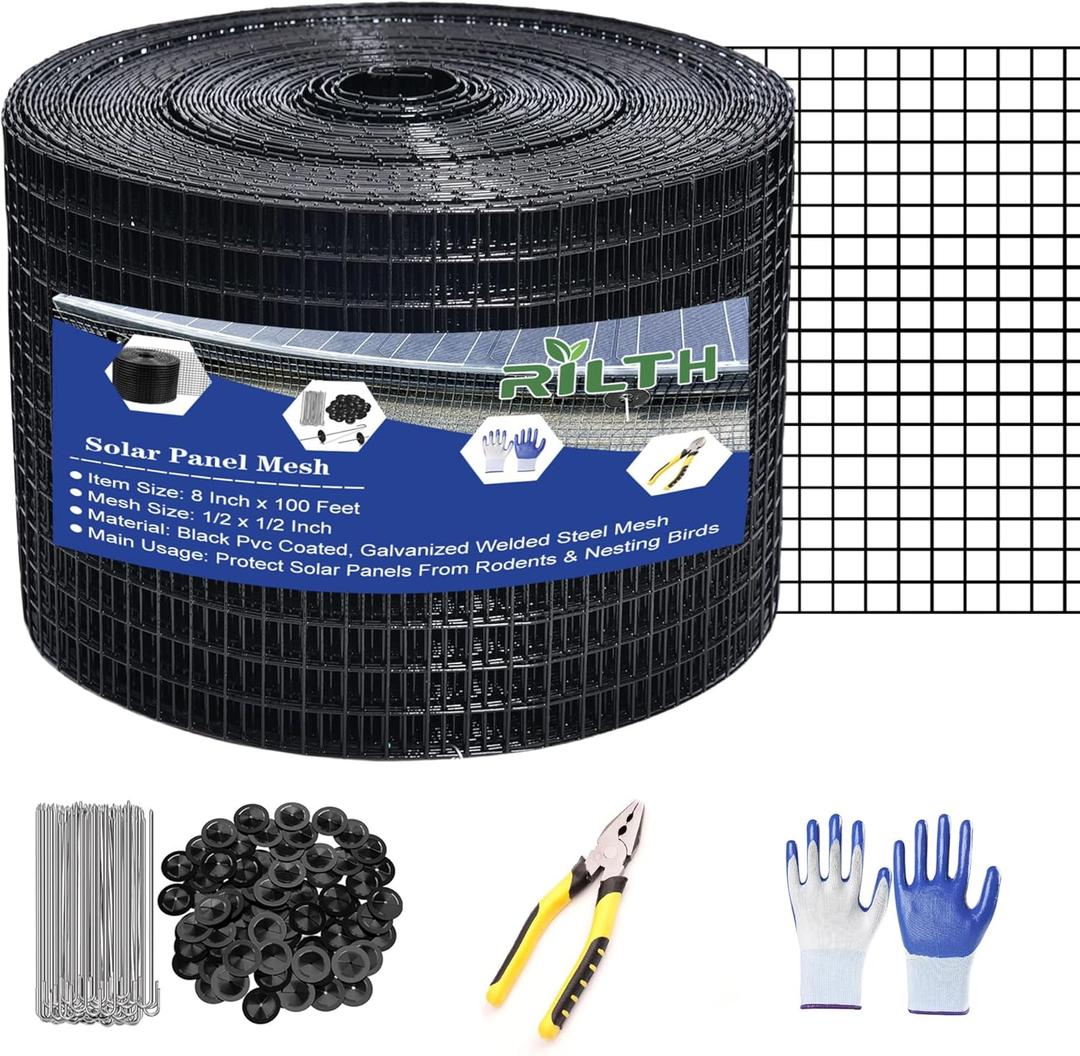 8in X 100ft Critter Guard for Solar Panels, 1/2inch PVC Coated Solar Panel Guard, Critter Guard Roll Kit for Solar Panel Wire Mesh, Black Pigeon Barrier with 120pcs Fasteners, Cutting Scissor, Gloves