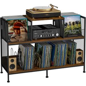 Large Vintage Record Player Table with 4 Adjustable Dividers, Vinyl Record Storage Cabinet for Up to 350 Albums, Medieval Turntable Stand for Living Room, Bedroom, Office (Patent Pending)