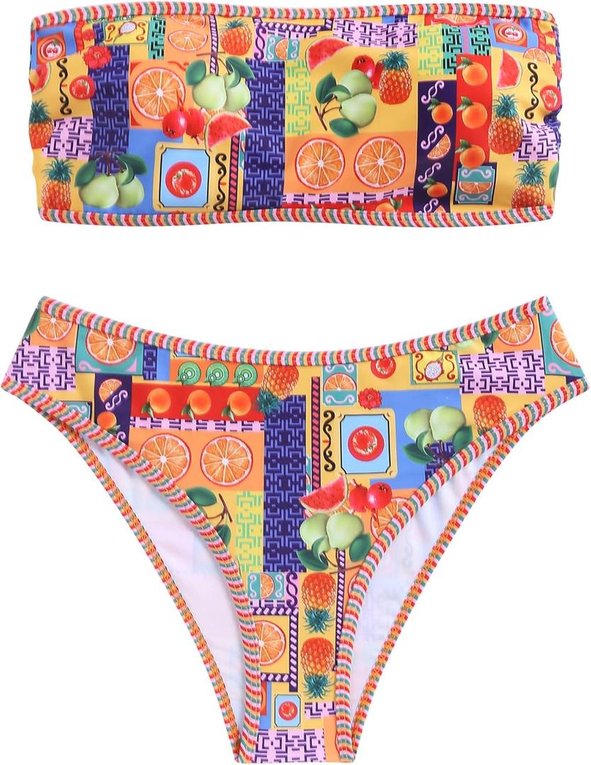 ZAFUL Women Strapless Ribbed High Cut Bandeau Bikini Lace Up 2 Pieces Swimwear (Small, 9-multi Fruit)