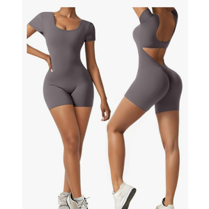 Short Sleeve Jumpsuit Workout for Women Square Neck One Piece Backless Tummy Control Bodycon Scrunch Butt Yoga Rompers, Gray, Small