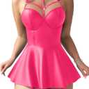 Foxiny Plus Size Curvy Sexy Strappy Leather Underwire Choker Garter Belt Mini Lingerie Set Dress with Thong 3 Piece Women Pu Latex Push Up Night Wear Outfits Hot Pink XX-Large