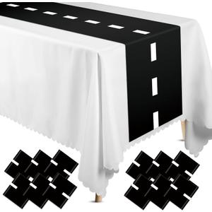 Preboun 12 Pcs Plastic Checkered Table Runner 14 x 108 Inch Racetrack Road Table Runner for Two Fast Car Theme Birthday Racing Party Decor Events Supplies (Black White Race Track)
