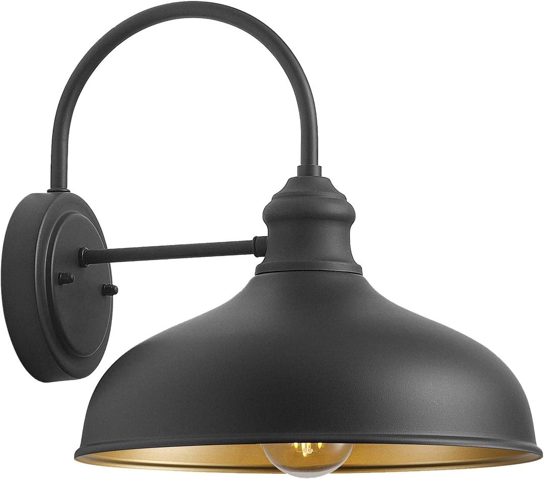 12" Outdoor Gooseneck Barn Light for Patio, Large Farmhouse Wall Mount Lights for Garage, Black Exterior Barn Porch Light Fixture with Brass Interior, Outside Wall Sconce for House