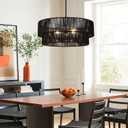 Black Boho Rattan Chandelier 23.6'' Hand Woven Chandelier Light Fixture 3-Light Farmhouse Drum Pendant Light for Dining Room Bedroom Kitchen Hallway Foyer