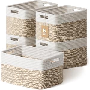 5 Pack Woven Storage Baskets for Shelves, Decorative Basket Organizer Storage Bins for Toys, Books, Clothes, Closet, Nursery, Bathroom – Cotton Rope Shelf Baskets for Organizing, Khaki & White