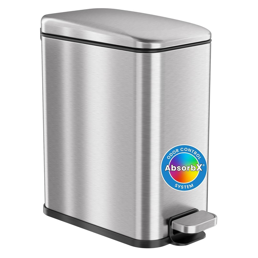 iTouchless SoftStep 1.3 Gallon Slim Bathroom Step Trash Can with Odor Filter & Removable Inner Bucket, Stainless Steel, 5 Liter Garbage Bin for Bathroom, Bedroom, Business, Home Office Cubicle