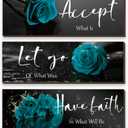 3 Pcs Teal wall decor Inspirational Teal Bathroom Decor Wooden Rose Wall Art Turquoise Office Decoration with Accept Let Go Have Faith Quotes for Girl Women Bedroom 12 x 4 Inches