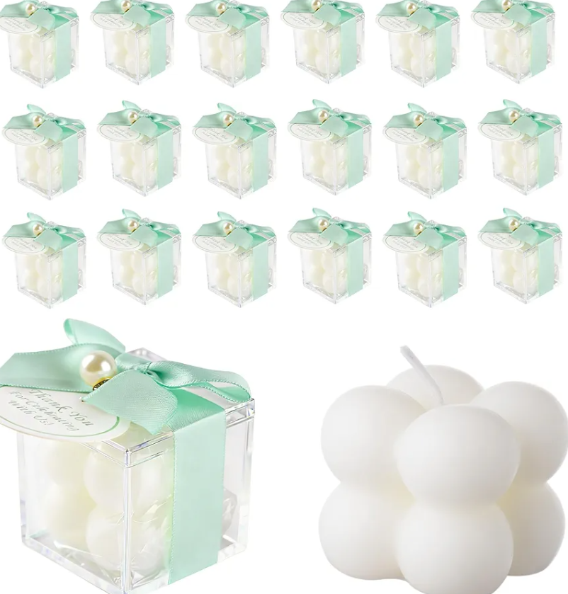 ACITHGL 30 Sets Fully Assembled Small Bubble Candle Party Favors for Guests Bulk Bridal Showers Favors Candles with Stylish Ribbons Thank You Cards Gifts (Green)