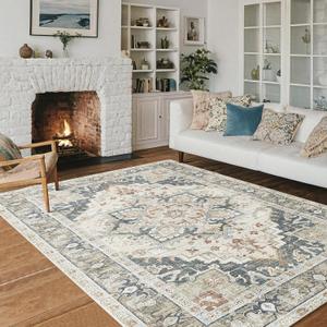 Washable Area Rugs 8x10 Living Room Boho Non Slip Thin Carpet Stain Resistant Vintage Linen Printed Oriental Foldable Distressed Rug for Bedroom Indoor House (Linen/Gray/Onyx/Chestnut)