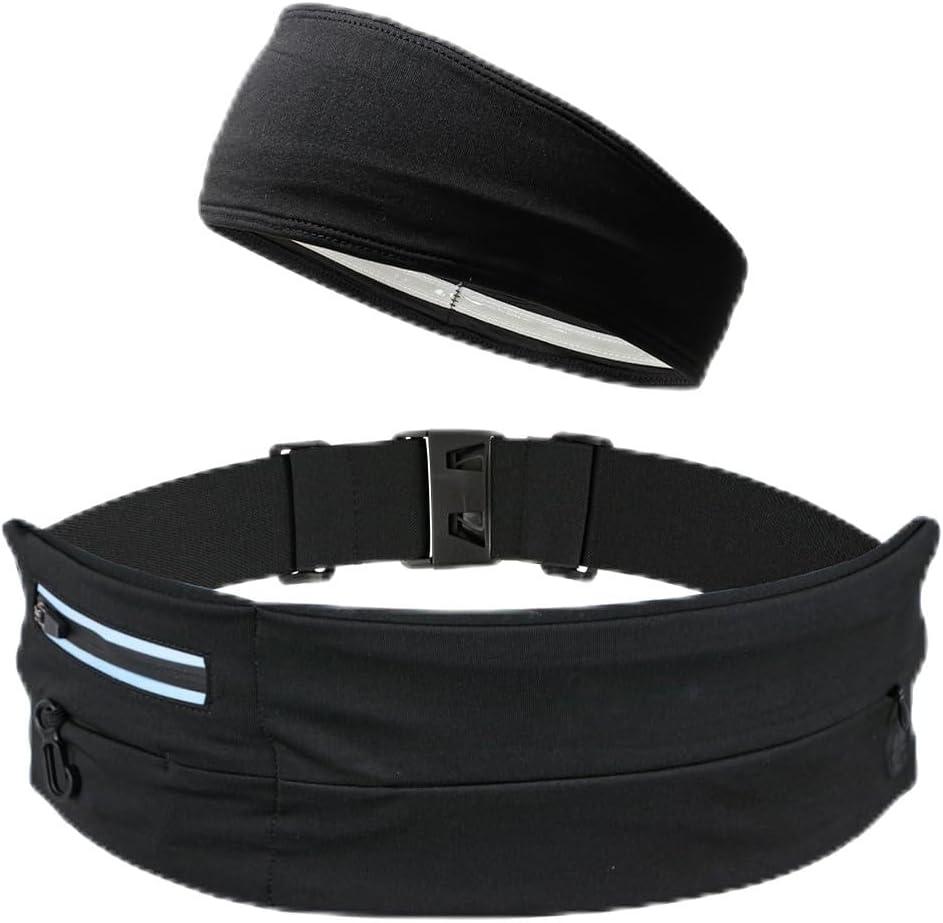 Running Pouch Belt Runner Waist Pack for Women and Men - Runners Hiking Climbing Fanny Pack - Adjustable Running Pouch (3 Pockets) Running Belt With Headbands
