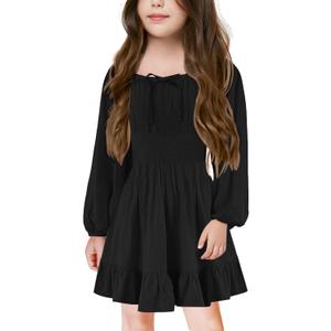 Girls Long Sleeve Square Neck Casual Boho Smocked Short Dresses 5-14 Years (10-12 Years, Black)