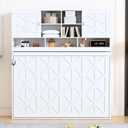 GDFStudio Queen Size Modern Wall Murphy Bed with Storage Cabinet, Hydraulic Lift Wall Bed, Space Saving Foldable Bed Frame with Decorative Diamond Panels for Guest Room, White