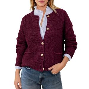 Womens Chunky Knit Cardigan with Gold Buttons Button Down Crewneck Long Sleeve Sweater with Pockets (Red, L)