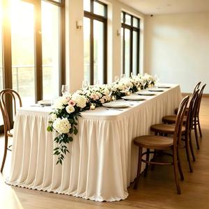 6FT Beige Table Skirt for Rectangle Tables Wrinkle Resistant Polyester Pleated Ruffle Table Skirt for Wedding Banquet Baby Shower Birthday Party Decoration Desk Skirt for Teacher Desk