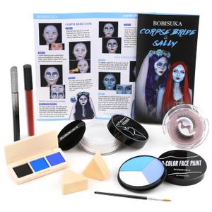 Halloween Sally Makeup & Corpse Bride Makeup Kit, Sally Costume Corpse Bride Make Up SFX Set with Light Blue Face Paint, Black Eyeliner, Lipstick & Faux Eyelash for Sally Face Cosplay & Dress-Up Party