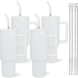 FECBK 40 oz Sublimation Tumbler with Handle and Straw Keeps Cold for 34 Hours Leakproof Double Wall Vacuum Insulated Travel Mug 40 oz Stainless Steel Cup Tumblers Bulk Sublimation Blank White 4 Pack