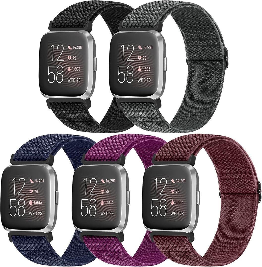 Vodtian Elastic Bands Compatible with Fitbit Versa 2/Versa Watch Band, Adjustable Nylon Braided Bands Replacement Solo Loop Sport Straps Wristband for Women Men (Black+Gray+Indigo+Purple+Wine Red)