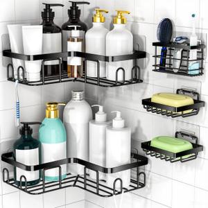 Moforoco 5-Pack Shower Caddy, L-Shaped, 10.2in Diameter, 90-Degree Right Angle, Rustproof, Easy Installation, 12 Hooks, Soap Holder, Adhesive Corner Shower Organizer, Black