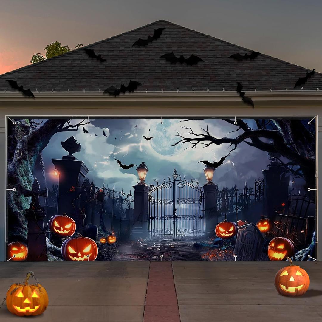Preboun Halloween Garage Door Banner Large Hanging Backdrop Door Cover Halloween Garage Wall Decorations for Outdoor Holiday(6 x 13 ft)