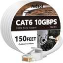 Cat 6 Outdoor Ethernet Cable 150 ft (45.72m), Support Cat8/7 Network, 10Gbps 550MHz, 24AWG Pure Copper, Direct Burial Waterproof In-Ground UV Resistant LAN Patch Cable for Router, Modem, Switch, White