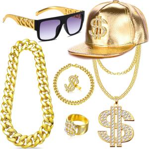 80s 90s Hip Hop Costumes Outfit Kit Fake Gold Chain Necklace Dollar Sign Cap Jewelry Set Rapper Accessories
