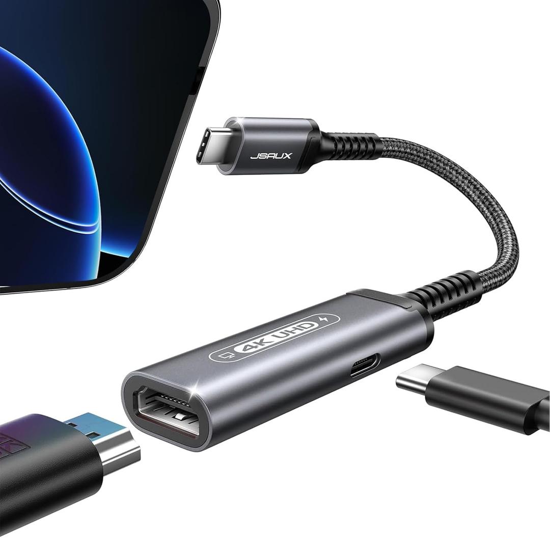JSAUX USB C to HDMI with PD Charger Adapter, 2-in-1 Type C to HDMI 4K@30Hz/100W Charging Compatible for iPhone 16 Pro/16 Pro Max/16/16 Plus/15 Pro Max,Samsung S24/S23,MacBook,Dell,Steam Deck,ROG Ally (0.6ft)