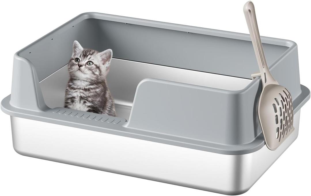 Stainless Steel Cat Litter Box, Metal Kitty Litter Box for Small Cats, Non-Stick (Grey)