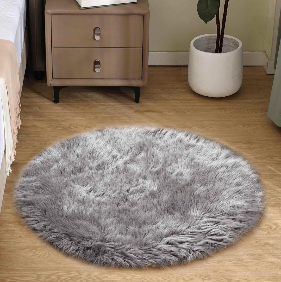 Goolela Grey Round Rug 3ft Fluffy Faux Sheepksin Fur Rug Fuzzy Gray Bedside Rugs for Bedroom Living Room Plush Soft Circle Shag Carpet